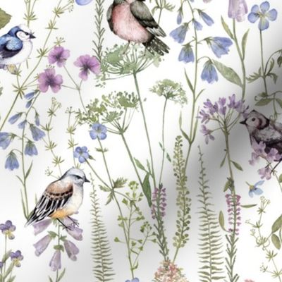 10" A Fragant Birds and Wildflowers Field, Midsummer Meadow Fields, Midsummer Wallpaper, Midsummer Fabric, Wildflowers And Birds Wallpaper