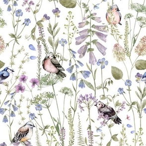 10" A Fragant Birds and Wildflowers Field, Midsummer Meadow Fields, Midsummer Wallpaper, Midsummer Fabric, Wildflowers And Birds Wallpaper