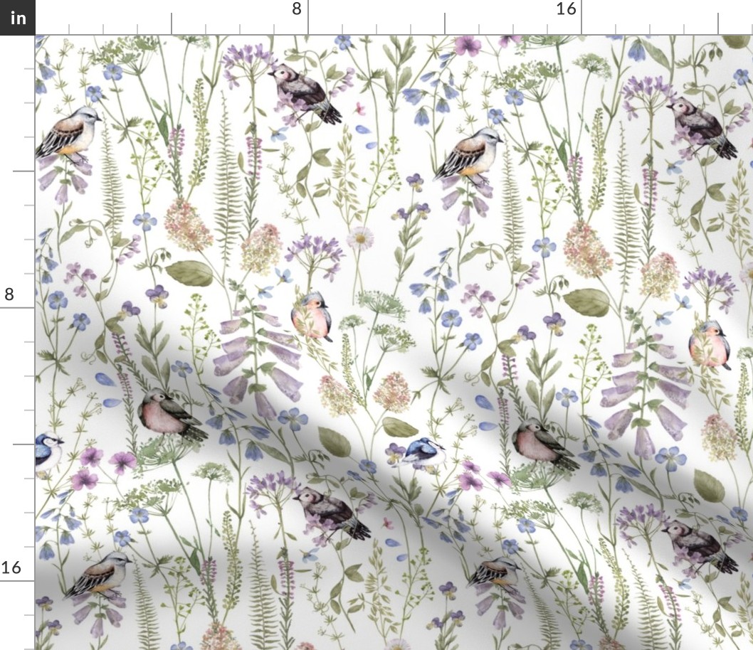 10" A Fragant Birds and Wildflowers Field, Midsummer Meadow Fields, Midsummer Wallpaper, Midsummer Fabric, Wildflowers And Birds Wallpaper