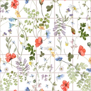 14" Grid And Summer Wildflowers Meadow - Midsummer Flowers Watercolor fabric blush and white grid