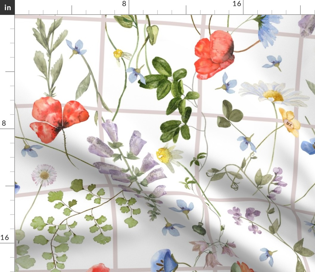 14" Grid And Summer Wildflowers Meadow - Midsummer Flowers Watercolor fabric blush and white grid