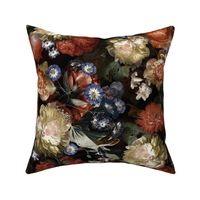 21" Lush Dutch Midnight Poppy And Peonies Flowers Garden -vintage home decor, antique wallpaper,  Dutch Antique Flower Painting Fabric, Dutch Vintage Poppies, double layer