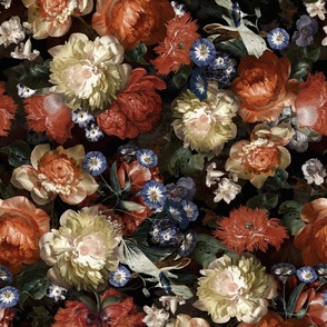 21" Lush Dutch Midnight Poppy And Peonies Flowers Garden -vintage home decor, antique wallpaper,  Dutch Antique Flower Painting Fabric, Dutch Vintage Poppies, double layer