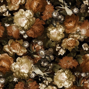 21" Lush Dutch Midnight Poppy And Flemish antiqued Peonies Flowers Garden -  Dutch Antique Flower Painting Fabric, Dutch Vintage Poppies, double layer, sepia brown