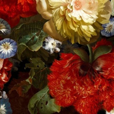 21" Lush Dutch Midnight Poppy And Flemish antiqued  Peonies Flowers Garden -  Dutch Antique Flower Painting Fabric, Dutch Vintage Poppies, double layer colorful red