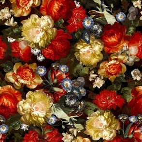 21" Lush Dutch Midnight Poppy And Flemish antiqued  Peonies Flowers Garden -  Dutch Antique Flower Painting Fabric, Dutch Vintage Poppies, double layer colorful red