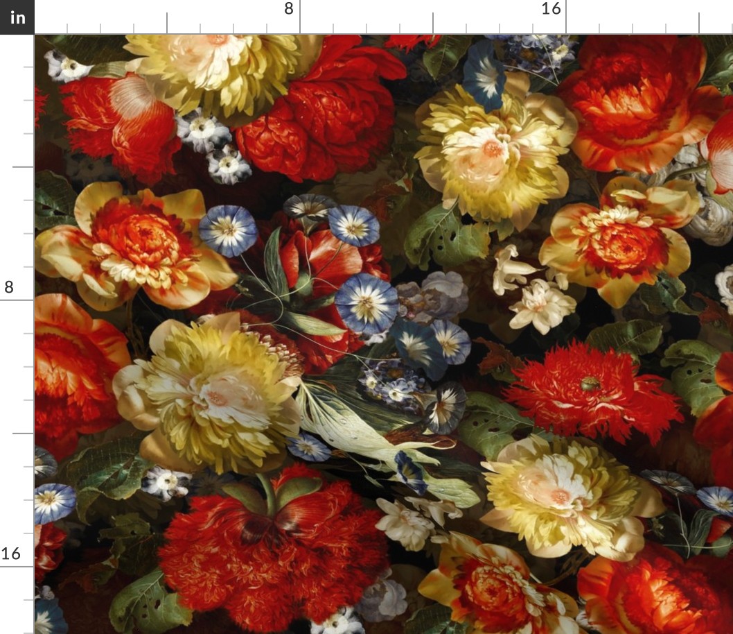 21" Lush Dutch Midnight Poppy And Flemish antiqued  Peonies Flowers Garden -  Dutch Antique Flower Painting Fabric, Dutch Vintage Poppies, double layer colorful red