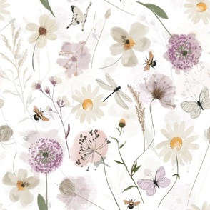 Watercolor Hand Painted WildFlowers Garden neutral Meadow, Wild Flowers Fabric, Wildflowers Fabric