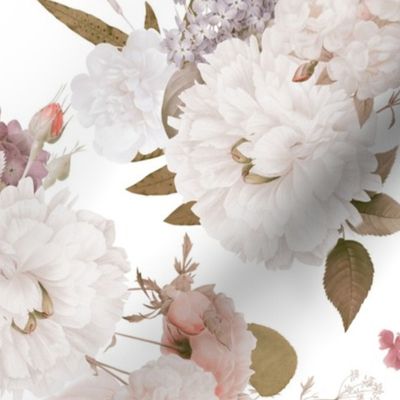 Vintage Spring Romanticism: Maximalism Moody Florals-Antiqued White Peonies Roses Lilacs And Springflowers Bouquets  Nostalgic- Gothic- Antique Botany Wallpaper and Victorian Goth Mystic inspired - white  single layer