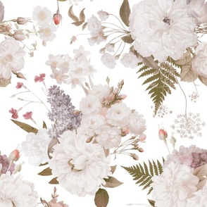 Vintage Spring Romanticism: Maximalism Moody Florals-Antiqued White Peonies Roses Lilacs And Springflowers Bouquets  Nostalgic- Gothic- Antique Botany Wallpaper and Victorian Goth Mystic inspired - white  single layer