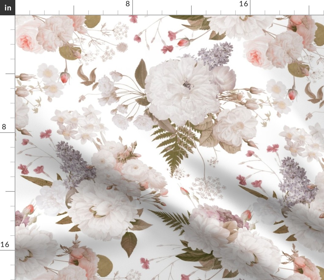 Vintage Spring Romanticism: Maximalism Moody Florals-Antiqued White Peonies Roses Lilacs And Springflowers Bouquets  Nostalgic- Gothic- Antique Botany Wallpaper and Victorian Goth Mystic inspired - white  single layer