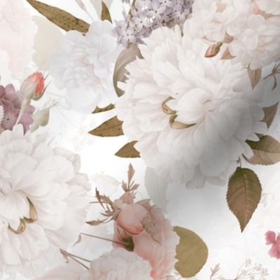Vintage Spring Romanticism: Maximalism Moody Florals-Antiqued White Peonies Roses Lilacs And Springflowers Bouquets  Nostalgic- Gothic- Antique Botany Wallpaper and Victorian Goth Mystic inspired - white double  layer