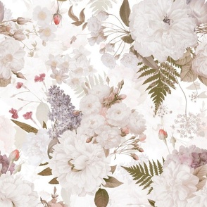 Vintage Spring Romanticism: Maximalism Moody Florals-Antiqued White Peonies Roses Lilacs And Springflowers Bouquets  Nostalgic- Gothic- Antique Botany Wallpaper and Victorian Goth Mystic inspired - white double  layer