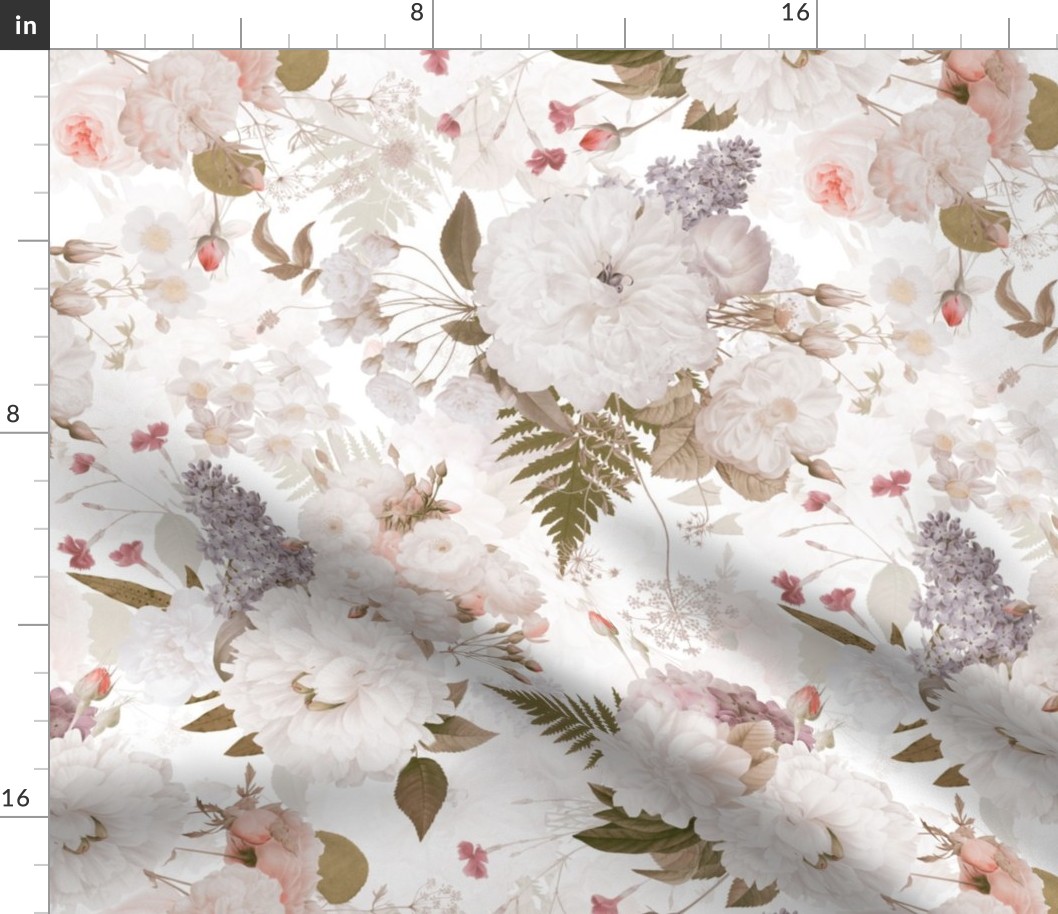 Vintage Spring Romanticism: Maximalism Moody Florals-Antiqued White Peonies Roses Lilacs And Springflowers Bouquets  Nostalgic- Gothic- Antique Botany Wallpaper and Victorian Goth Mystic inspired - white double  layer