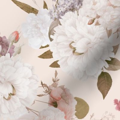 Vintage Spring Romanticism: Maximalism Moody Florals-Antiqued White Peonies Roses Lilacs And Springflowers Bouquets  Nostalgic- Gothic- Antique Botany Wallpaper and Victorian Goth Mystic inspired - blush single layer