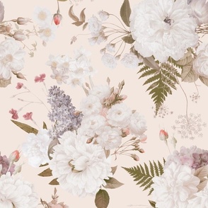 Vintage Spring Romanticism: Maximalism Moody Florals-Antiqued White Peonies Roses Lilacs And Springflowers Bouquets  Nostalgic- Gothic- Antique Botany Wallpaper and Victorian Goth Mystic inspired - blush single layer
