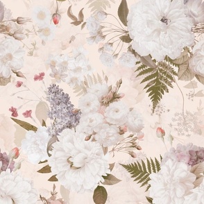 Vintage Spring Romanticism: Maximalism Moody Florals-Antiqued White Peonies Roses Lilacs And Springflowers Bouquets  Nostalgic- Gothic- Antique Botany Wallpaper and Victorian Goth Mystic inspired- blush double layer