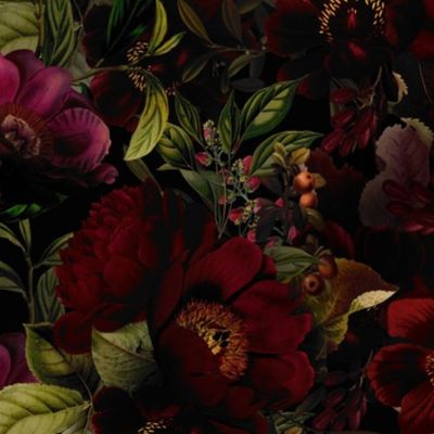 SMALL - Vintage Summer Romanticism: Maximalism Moody Florals - Antiqued burgundy Roses and Nostalgic Gothic Mystic Night 2- Antique Botany Wallpaper and Victorian Goth Mystic inspired 