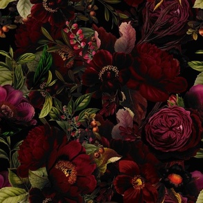 Medium - Vintage Summer Romanticism: Maximalism Moody Florals - Antiqued burgundy Roses and Nostalgic Gothic Mystic Night 2- Antique Botany Wallpaper and Victorian Goth Mystic inspired 