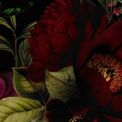 Large - Vintage Summer Romanticism: Maximalism Moody Florals - Antiqued burgundy Roses and Nostalgic Gothic Mystic Night 2- Antique Botany Wallpaper and Victorian Goth Mystic inspired 