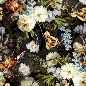 Vintage Flemish Summer Romanticism:Maximalism Moody Florals-Antiqued White Peonies And Springflowers Tulips Bouquets Nostalgic-  Gothic- Antique Botany Wallpaper and Victorian Goth Mystic inspired black 