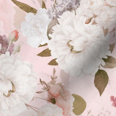 Vintage Spring Romanticism: Maximalism Moody Florals-Antiqued White Peonies Roses Lilacs And Springflowers Bouquets  Nostalgic- Gothic- Antique Botany Wallpaper and Victorian Goth Mystic inspired - pink double layer