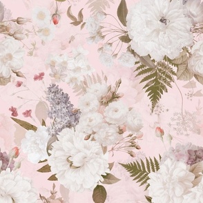 Vintage Spring Romanticism: Maximalism Moody Florals-Antiqued White Peonies Roses Lilacs And Springflowers Bouquets  Nostalgic- Gothic- Antique Botany Wallpaper and Victorian Goth Mystic inspired - pink double layer