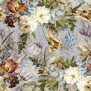 Vintage Flemish Summer Romanticism:Maximalism Moody Florals-Antiqued White Peonies And Springflowers Tulips Bouquets Nostalgic-  Gothic- Antique Botany Wallpaper and Victorian Goth Mystic inspired silver grey