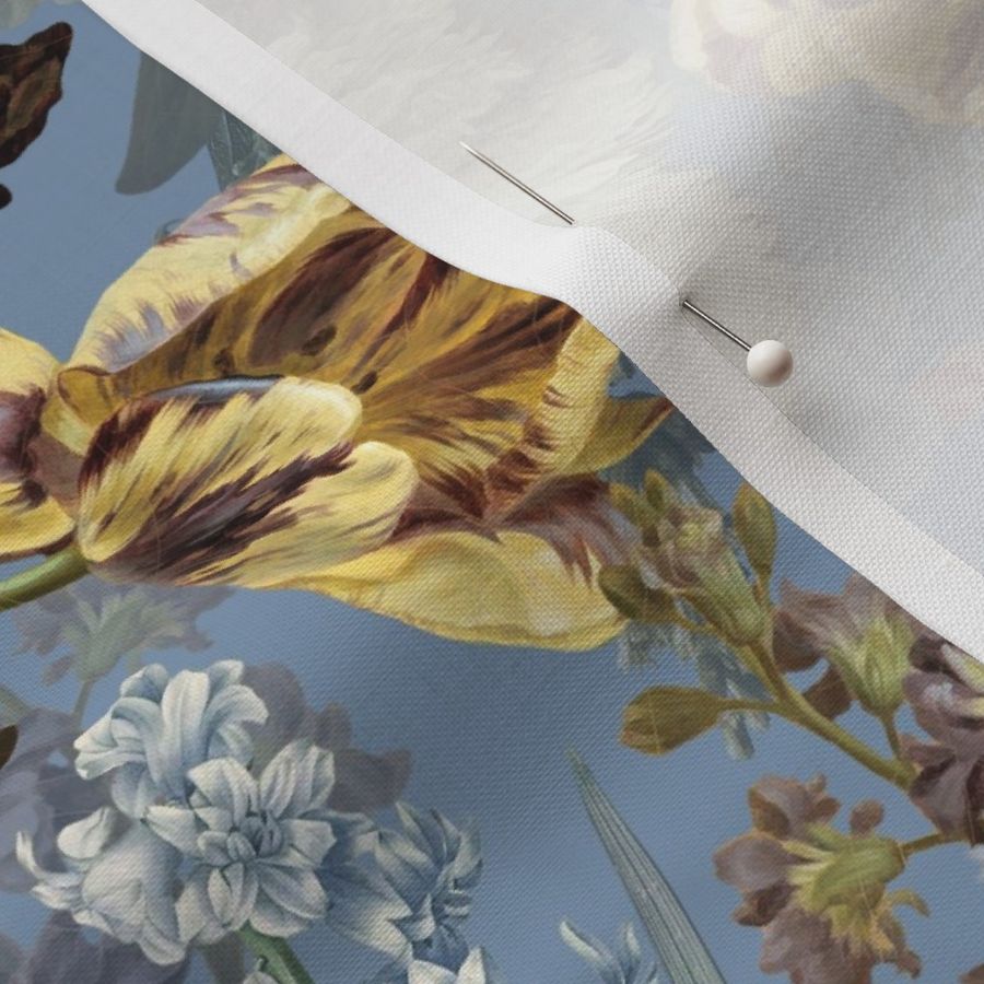 Vintage Flemish Summer Romanticism:Maximalism Moody Florals-Antiqued White Dramatic Glamour  Peonies And Springflowers Tulips Bouquets Nostalgic-  Gothic- Antique Botany Wallpaper and Victorian Goth Mystic inspired - light blue