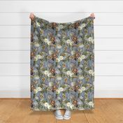 Vintage Flemish Summer Romanticism:Maximalism Moody Florals-Antiqued White Peonies And Springflowers Tulips Bouquets Nostalgic-  Gothic- Antique Botany Wallpaper and Victorian Goth Mystic inspired - light blue