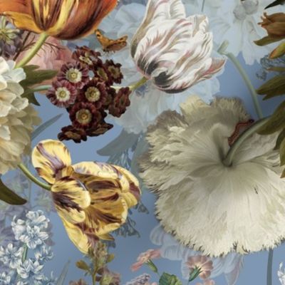 Vintage Flemish Summer Romanticism:Maximalism Moody Florals-Antiqued White Peonies And Springflowers Tulips Bouquets Nostalgic-  Gothic- Antique Botany Wallpaper and Victorian Goth Mystic inspired - light blue