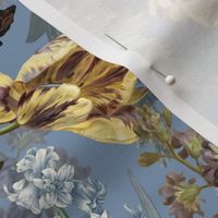 Vintage Flemish Summer Romanticism:Maximalism Moody Florals-Antiqued White Peonies And Springflowers Tulips Bouquets Nostalgic-  Gothic- Antique Botany Wallpaper and Victorian Goth Mystic inspired - light blue