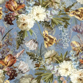 Vintage Flemish Summer Romanticism:Maximalism Moody Florals-Antiqued White Peonies And Springflowers Tulips Bouquets Nostalgic-  Gothic- Antique Botany Wallpaper and Victorian Goth Mystic inspired - light blue