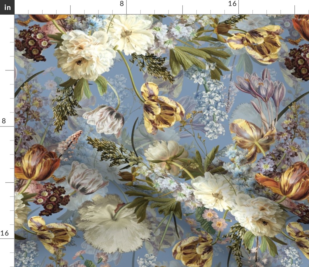 Vintage Flemish Summer Romanticism:Maximalism Moody Florals-Antiqued White Peonies And Springflowers Tulips Bouquets Nostalgic-  Gothic- Antique Botany Wallpaper and Victorian Goth Mystic inspired - light blue