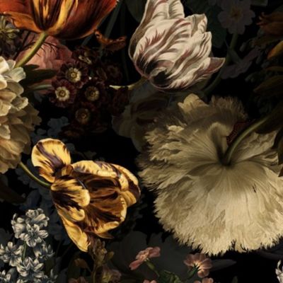 Vintage Flemish Summer Romanticism:Maximalism Moody Florals-Antiqued White Peonies And Springflowers Tulips Bouquets Nostalgic-  Gothic- Antique Botany Wallpaper and Victorian Goth Mystic inspired - black