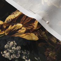 Vintage Flemish Summer Romanticism:Maximalism Moody Florals-Antiqued White Peonies And Springflowers Tulips Bouquets Nostalgic-  Gothic- Antique Botany Wallpaper and Victorian Goth Mystic inspired - black