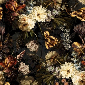 Vintage Flemish Summer Romanticism:Maximalism Moody Florals-Antiqued White Peonies And Springflowers Tulips Bouquets Nostalgic-  Gothic- Antique Botany Wallpaper and Victorian Goth Mystic inspired - black