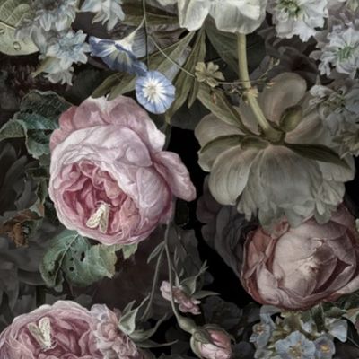 Vintage Flemish Summer Romanticism:Maximalism Moody Florals-Antiqued Blush Roses And White Peonies Bouquets Nostalgic-  Gothic- Antique Botany Wallpaper and Victorian Goth Mystic inspired black silver moonlight