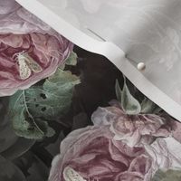 Vintage Flemish Summer Romanticism:Maximalism Moody Florals-Antiqued Blush Roses And White Peonies Bouquets Nostalgic-  Gothic- Antique Botany Wallpaper and Victorian Goth Mystic inspired black silver moonlight