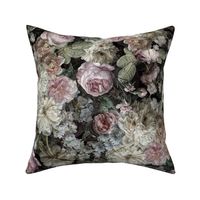 Vintage Flemish Summer Romanticism:Maximalism Moody Florals-Antiqued Blush Roses And White Peonies Bouquets Nostalgic-  Gothic- Antique Botany Wallpaper and Victorian Goth Mystic inspired black silver moonlight