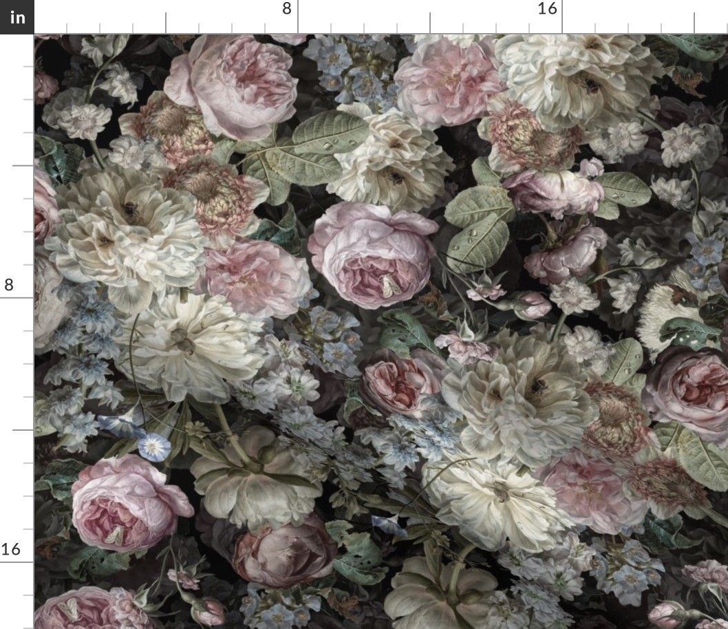 Vintage Flemish Summer Romanticism:Maximalism Moody Florals-Antiqued Blush Roses And White Peonies Bouquets Nostalgic-  Gothic- Antique Botany Wallpaper and Victorian Goth Mystic inspired black silver moonlight