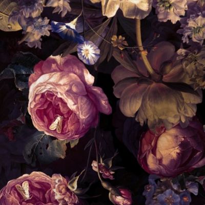 Vintage Flemish Summer Romanticism:Maximalism Moody Florals-Antiqued Blush Roses And White Peonies Bouquets Nostalgic-  Gothic- Antique Botany Wallpaper and Victorian Goth Mystic inspired black moon 