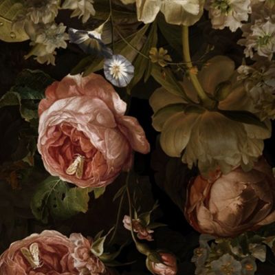 Vintage Flemish Summer Romanticism:Maximalism Moody Florals-Antiqued Blush Roses And White Peonies Bouquets Nostalgic-  Gothic- Antique Botany Wallpaper and Victorian Goth Mystic inspired black sepia