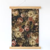 Vintage Flemish Summer Romanticism:Maximalism Moody Florals-Antiqued Blush Roses And White Peonies Bouquets Nostalgic-  Gothic- Antique Botany Wallpaper and Victorian Goth Mystic inspired black sepia