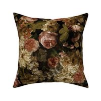 Vintage Flemish Summer Romanticism:Maximalism Moody Florals-Antiqued Blush Roses And White Peonies Bouquets Nostalgic-  Gothic- Antique Botany Wallpaper and Victorian Goth Mystic inspired black sepia