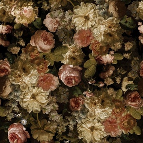 Vintage Flemish Summer Romanticism:Maximalism Moody Florals-Antiqued Blush Roses And White Peonies Bouquets Nostalgic-  Gothic- Antique Botany Wallpaper and Victorian Goth Mystic inspired black sepia