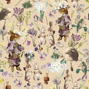 10" Antique Easter Bunny Flower Spring Meadow, Antique Easter Bunnies Fabric, Retro Easter Bunny Fabric,  soft beige