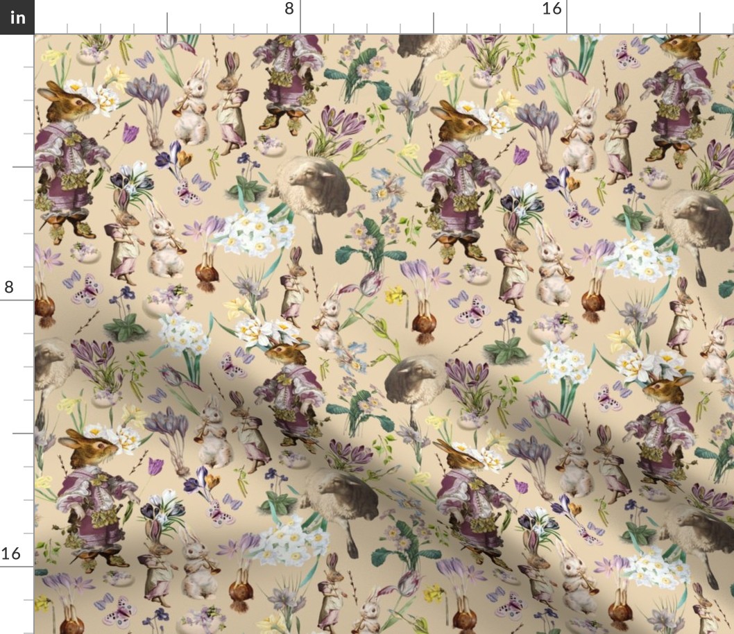 10" Antique Easter Bunny Flower Spring Meadow, Antique Easter Bunnies Fabric, Retro Easter Bunny Fabric,  soft beige