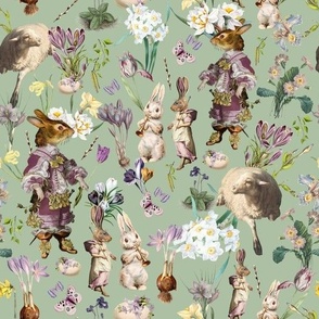 10" Antique Easter Bunny Flower Spring Meadow, Antique Easter Bunnies Fabric, Retro Easter Bunny Fabric, green