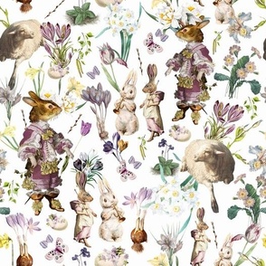 10" Antique Easter Bunny Flower Spring Meadow, Antique Easter Bunnies Fabric, Retro Easter Bunny Fabric, white